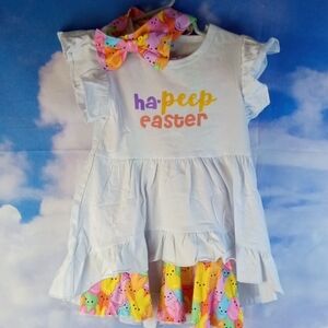🌼 Kids Colorful Easter Dress with Bunny Print Pants